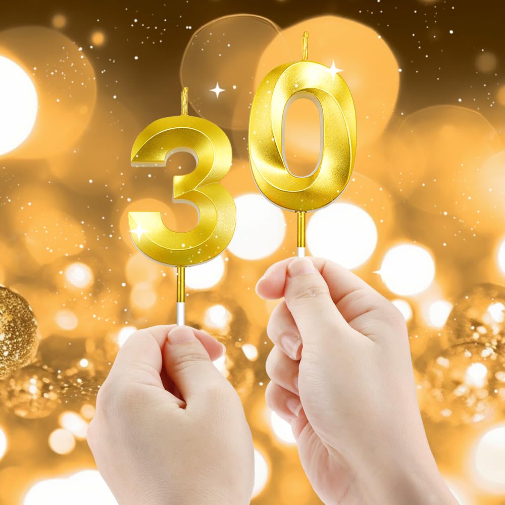 30th Birthday Candles, Number 30 Candles, Gold Birthday Candles, Happy Birthday Candles for Cake, 30th Birthday Cake Topper Decorations for 30th 3 Year Old Birthday Wedding Anniversary Supplies