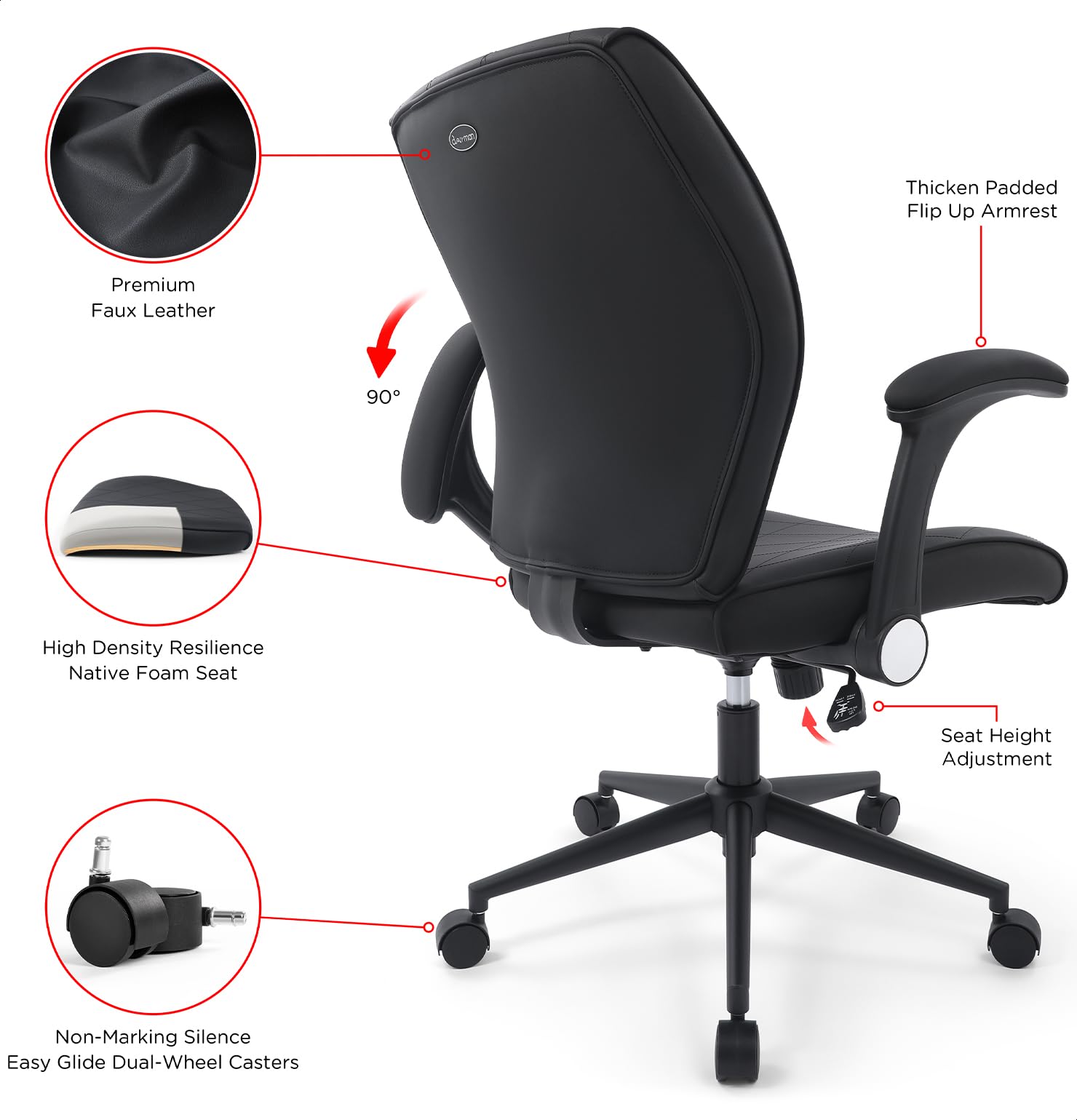 CHAIRMAN Premium Faux Leather Padded Mid-Back Adjustable-Height/Tilt, Swivel Office Computer Desk Chair with Flip-up Arms, Ergo Design for Sedentariness, Black