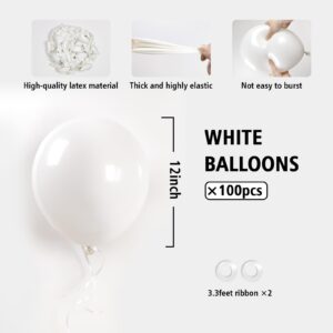 100pcs White Balloons 12inch, White Latex Balloons for Wedding Engagement Bridal Shower Bachelorette Christmas Birthday Party Decorations (with White Ribbon)