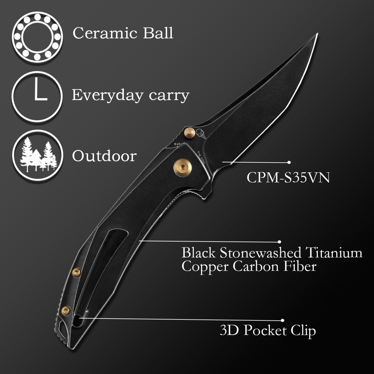 KANSEPT Baku Pocket Folding Knives for Men EDC Camping Folding Knife 3.2'' CPM-S35VN Material Women Folding Knives with Titanium Copper Carbon Fiber Handle Everyday Carry K1056A1