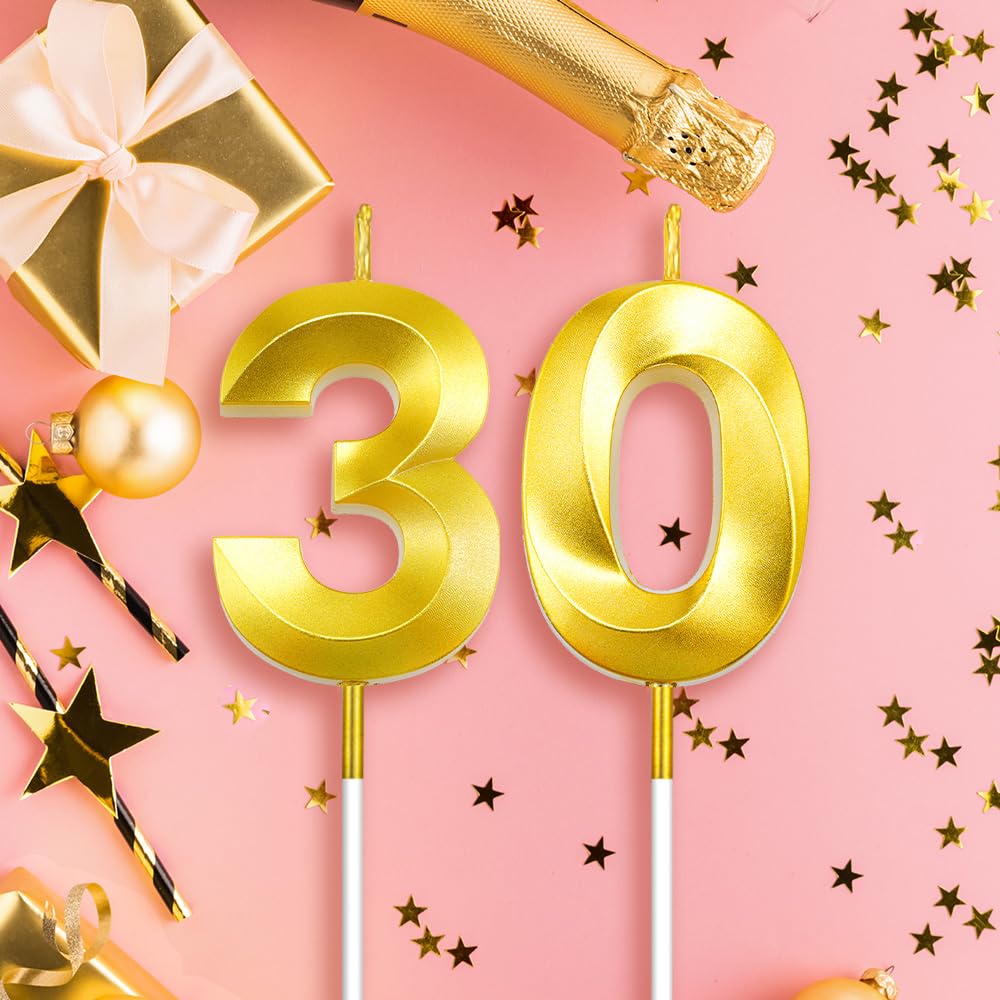 30th Birthday Candles, Number 30 Candles, Gold Birthday Candles, Happy Birthday Candles for Cake, 30th Birthday Cake Topper Decorations for 30th 3 Year Old Birthday Wedding Anniversary Supplies