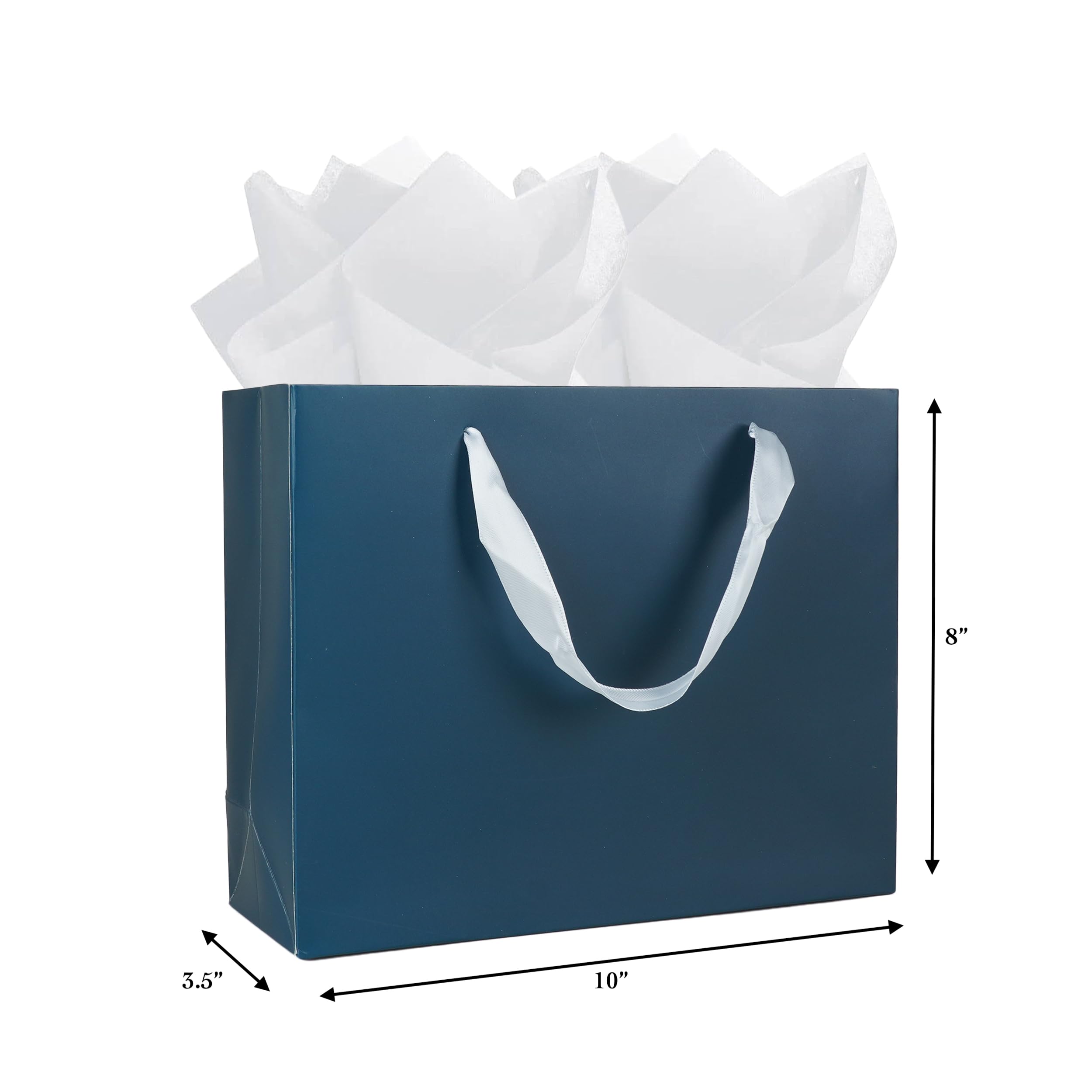 12 Pack Heavy Duty Blue Gift Bags with Ribbon Handles - 10"x3.5"x8" Medium Gift Bags in Bulk with Tissue Paper; Baby, Wedding Shower, Thank You, Holiday and Birthday Gift Bag Set for Men and Women