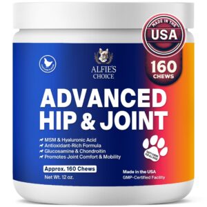 alfie's choice hip and joint chews for dogs - advanced hemp & glucosamine for dogs, hip joint supplement for dogs, chicken flavor dog joint supplement large breed & small breed - 12 oz, appx 160 ct