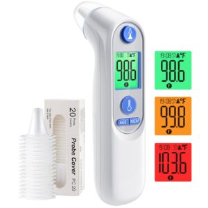 ear thermometer, digital ear thermometer for kids and adults, high accuracy baby thermometer with 1s result, 3-color coded and 30 memory recall, easy to use, with 21 disposable probe covers