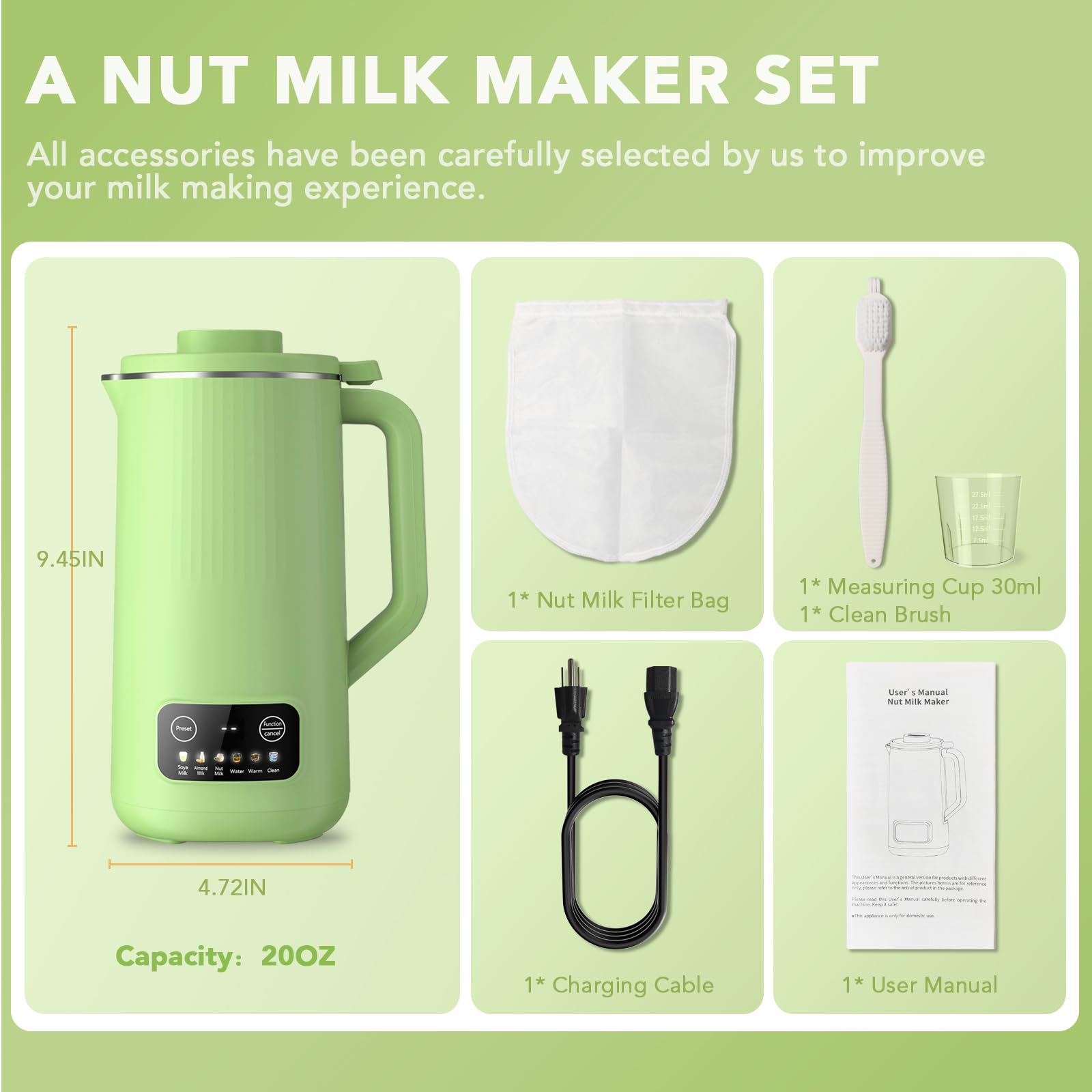 Nut Milk Maker Machine 27oz（800ml）, Plant-Based Milk and Dairy Free Beverages, Automatic Nut Milk Maker for Homemade Almond, Soy, Oat, Cashew Milk with Nut Milk Filter Bag