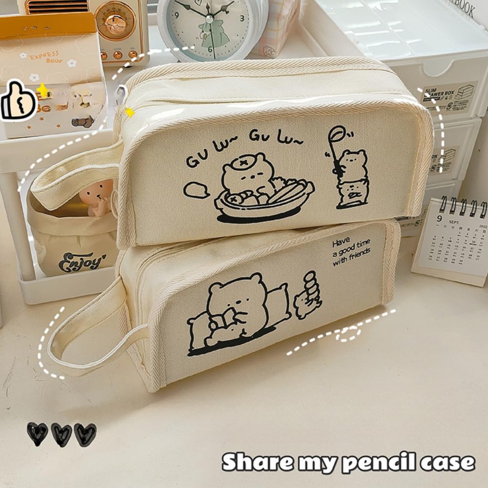 Sotzac Canvas Cartoon Pencil Case Large Capacity Pen Pouch Cosmetics Bag Double Zippers ([new season] Rabbit-Study)