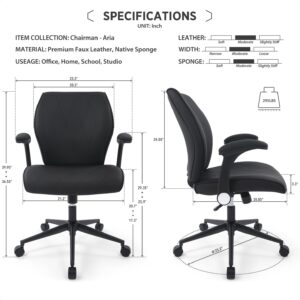 CHAIRMAN Premium Faux Leather Padded Mid-Back Adjustable-Height/Tilt, Swivel Office Computer Desk Chair with Flip-up Arms, Ergo Design for Sedentariness, Black