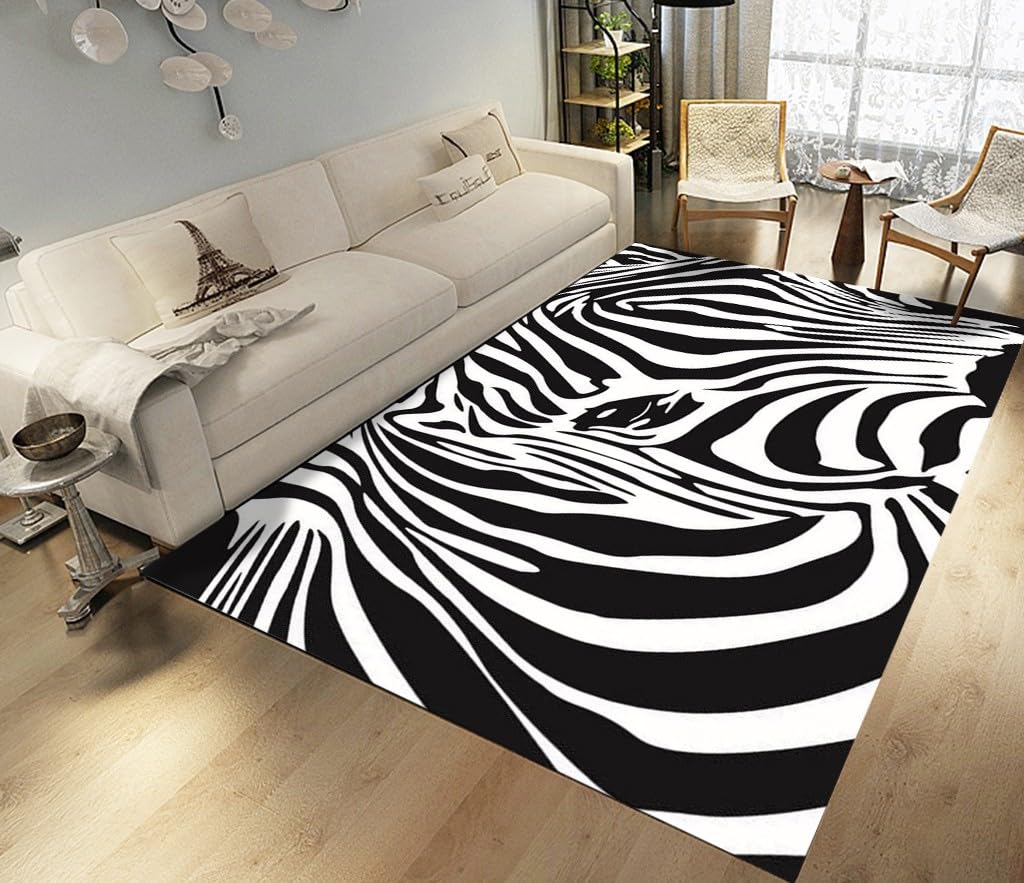 Fouiunler Zebra Area Rug, 2x3ft, Black and White Striped Rug, Wild Animal Print Non-Slip Washable Rugs, Modern Flannel Rugs for Living Room， Indoor Bedroom Dining Room Maximalist Rug