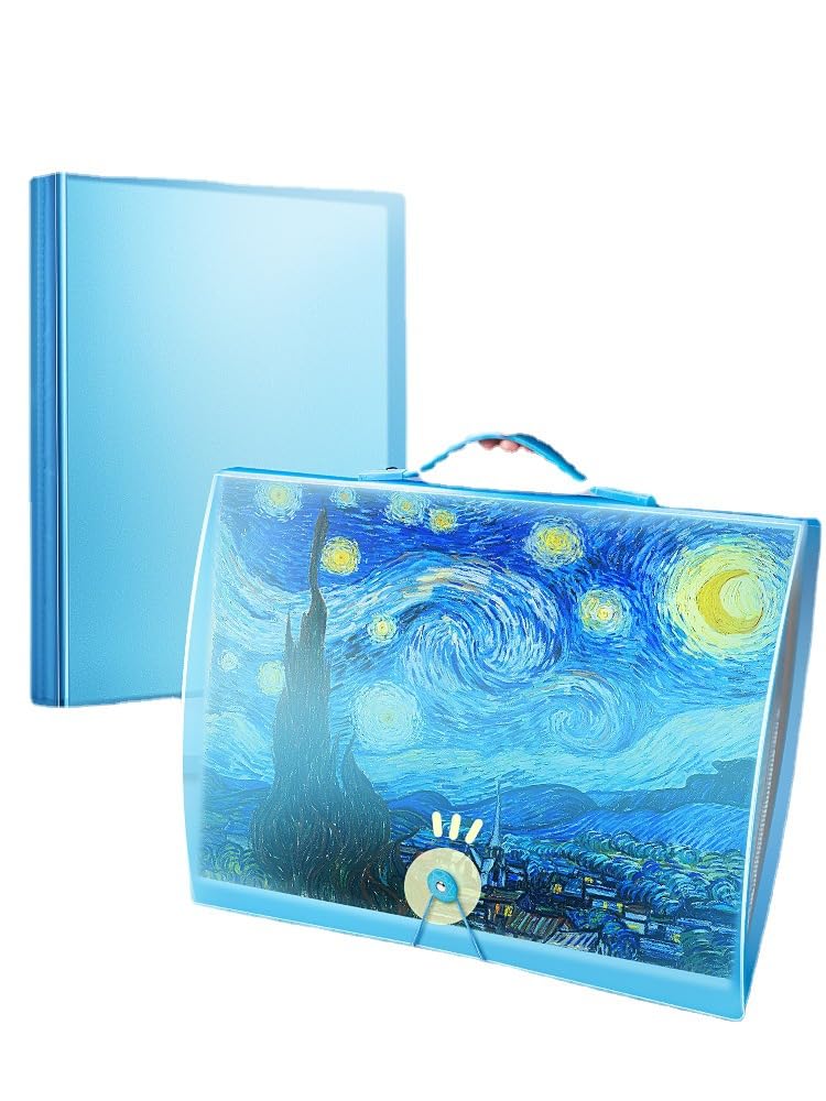 Shulaner Art Portfolio Folder with Handle and Clear Sleeves 60 Pockets Display 120 Pages Plastic Painting Presentation Storage Book for Artwork Files Document A3 Size 17 x 13 inch Blue