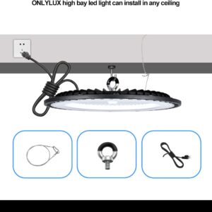 ONLYLUX LED High Bay Light 200w, LED Garage Lightsing, LED Shop Lights 5000K Daylight 30000LM 6 Pack, UFO LED Highbay Lights with US Plug, IP65 Commercial Bay Lighting, for Warehouse, Garage