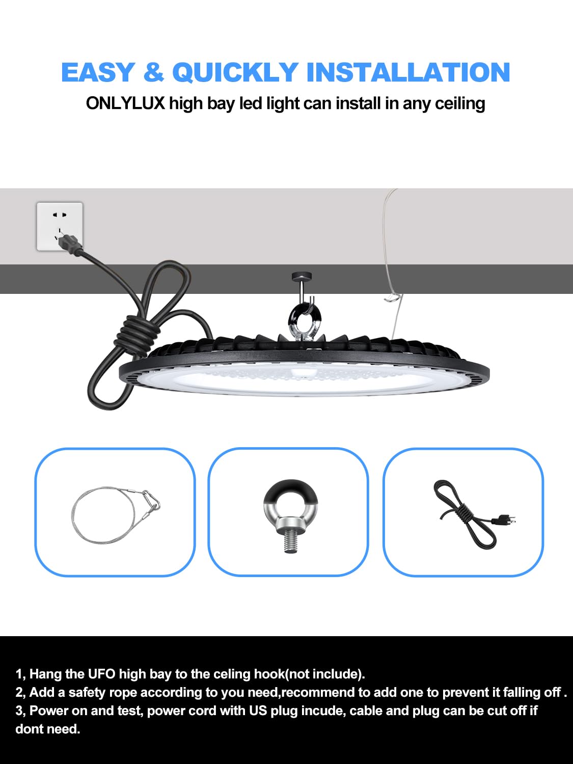 ONLYLUX LED High Bay Light 200w, LED Garage Lightsing, LED Shop Lights 5000K Daylight 30000LM 6 Pack, UFO LED Highbay Lights with US Plug, IP65 Commercial Bay Lighting, for Warehouse, Garage