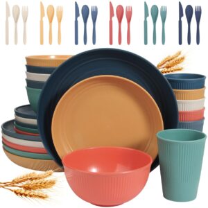 wheat straw dinnerware sets for 6 (42pcs), sgaofiee unbreakable dinnerware set, kitchen plates and bowls set, unbreakable plastic outdoor camping dishes, dishwasher microwave safe, autumn multicolor