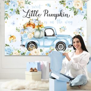 Little Pumpkin Baby Shower Decoration Backdrop for Boy A Sweet Little Pumpkin is On The Way Fall Blue Floral Truck Photography Background It's a Boy Party Decor Banner 5x3ft