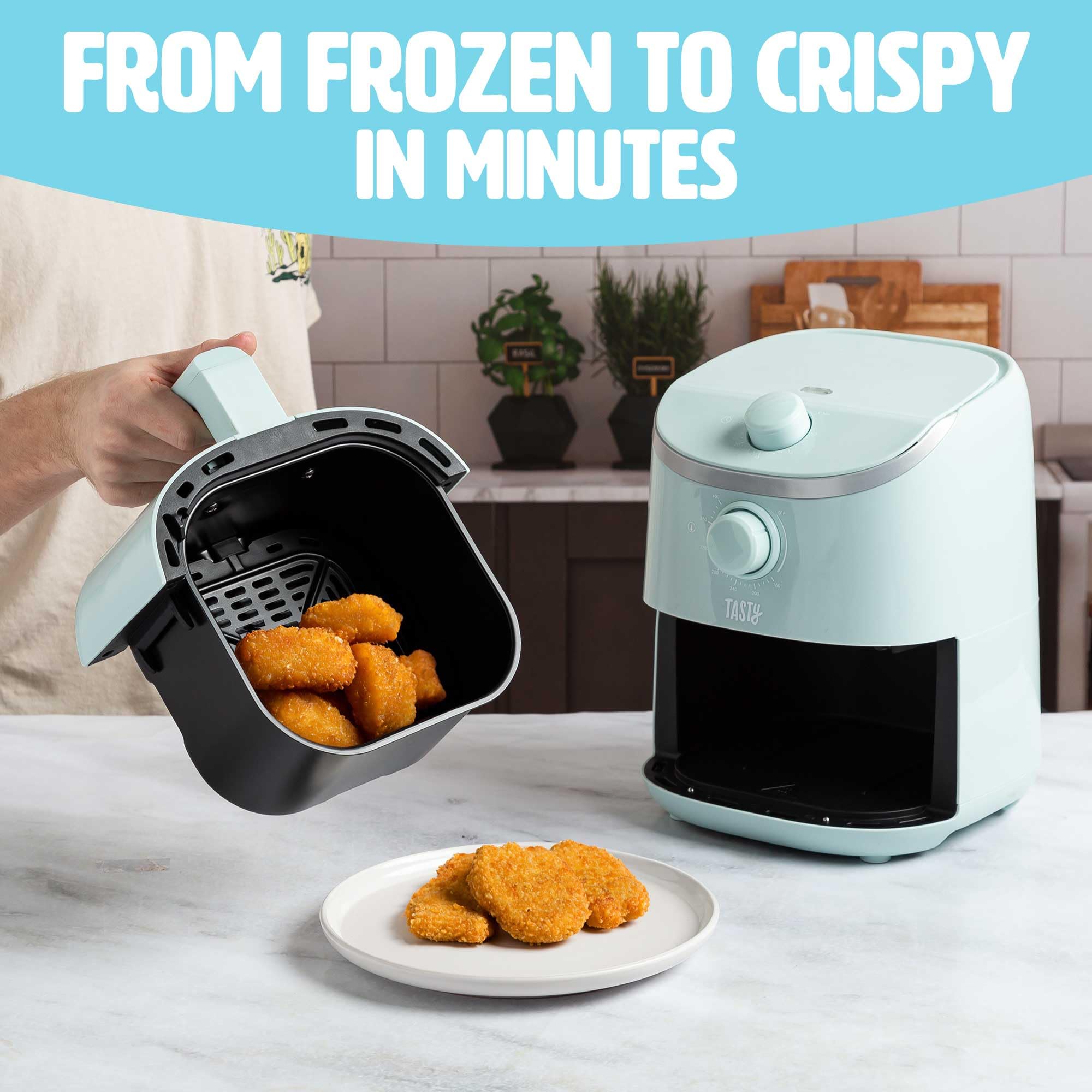 Tasty Personal Air Fryer, Healthier Meals in Minutes, Adjustable Temp Control up to 400°F, Easy-to-Use Design, Nonstick Basket and Tray Made without PFAS, PFOA, PFOS & PTFE, 900 Watts, 2-Quart, Aqua