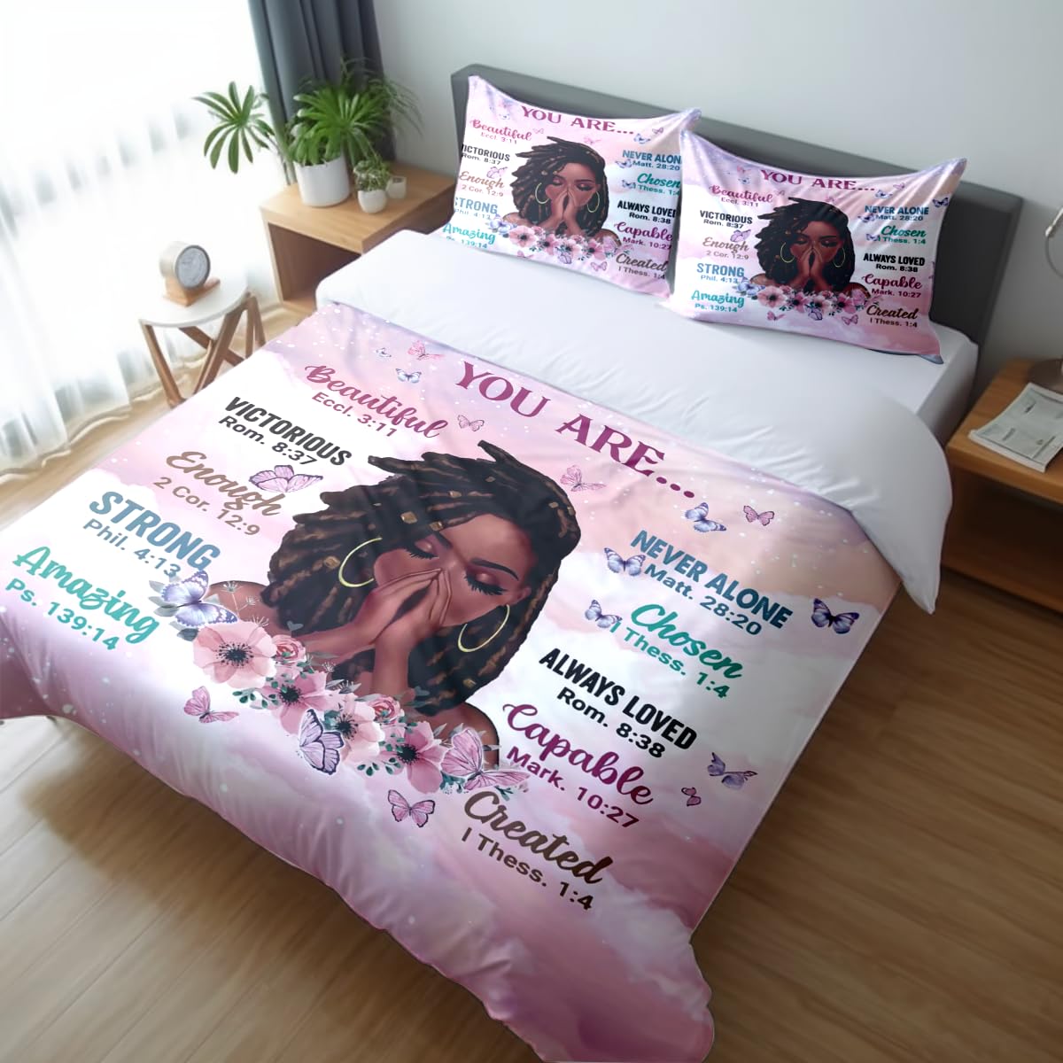 TRENDYNEST Kids Comforter Sets Queen Size, Prayer Girl and African American Girl Inspirational Quotes with Floral Butterfly, Teens Bedding Sets for Girls Women (Queen, Pink White)