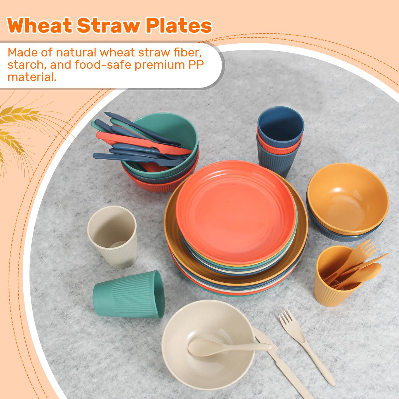 Wheat Straw Dinnerware Sets for 6 (42pcs), SGAOFIEE Unbreakable Dinnerware Set, Kitchen Plates and Bowls Set, Unbreakable Plastic Outdoor Camping Dishes, Dishwasher Microwave Safe, Autumn Multicolor