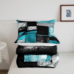 jejeloiu Abstract Turquoise and Black Bedding Set Queen Size, Grunge Teal Ombre Comforter Set Gray Black Blue Stripe Comforter for Kids Toddler Abstract Art Duvet Set Lightweight Quilt Set Queen Size