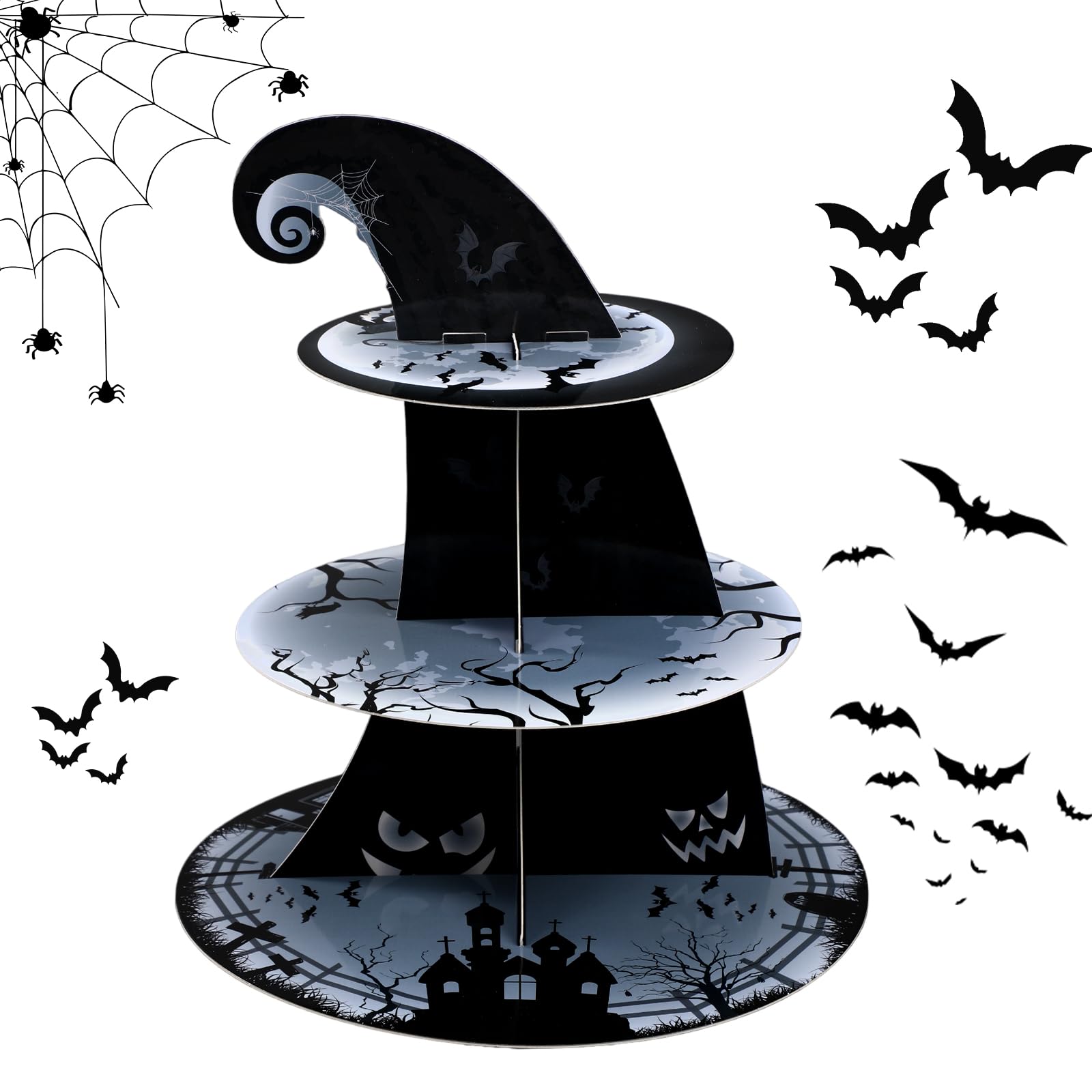 Zopeal 3 Tier Halloween Cupcake Stand The Nightmare Cardboard Cake Stand Tower Halloween Pumpkin Bat Scary Party Cupcake Serving Tray Dessert Tower for Halloween Carnival Party Decoration Supplies