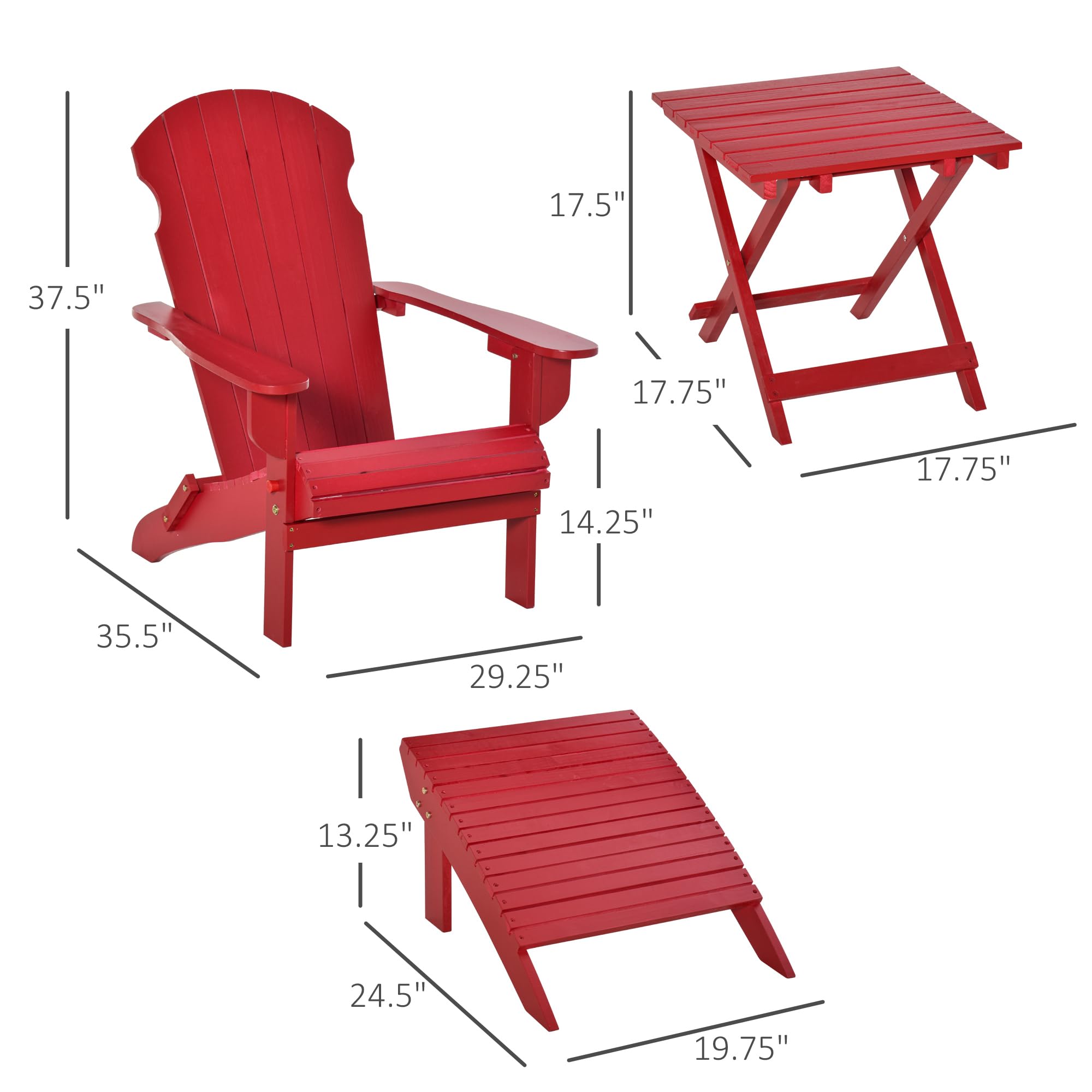 Outsunny 3-Piece Folding Adirondack Chair with Ottoman and Side Table, Outdoor Wooden Fire Pit Chairs w/High-Back, Wide Armrests for Patio, Backyard, Garden, Lawn Furniture, Red