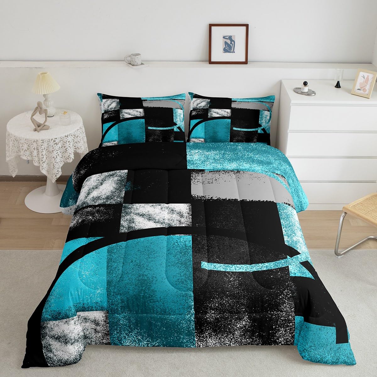 jejeloiu Abstract Turquoise and Black Bedding Set Queen Size, Grunge Teal Ombre Comforter Set Gray Black Blue Stripe Comforter for Kids Toddler Abstract Art Duvet Set Lightweight Quilt Set Queen Size