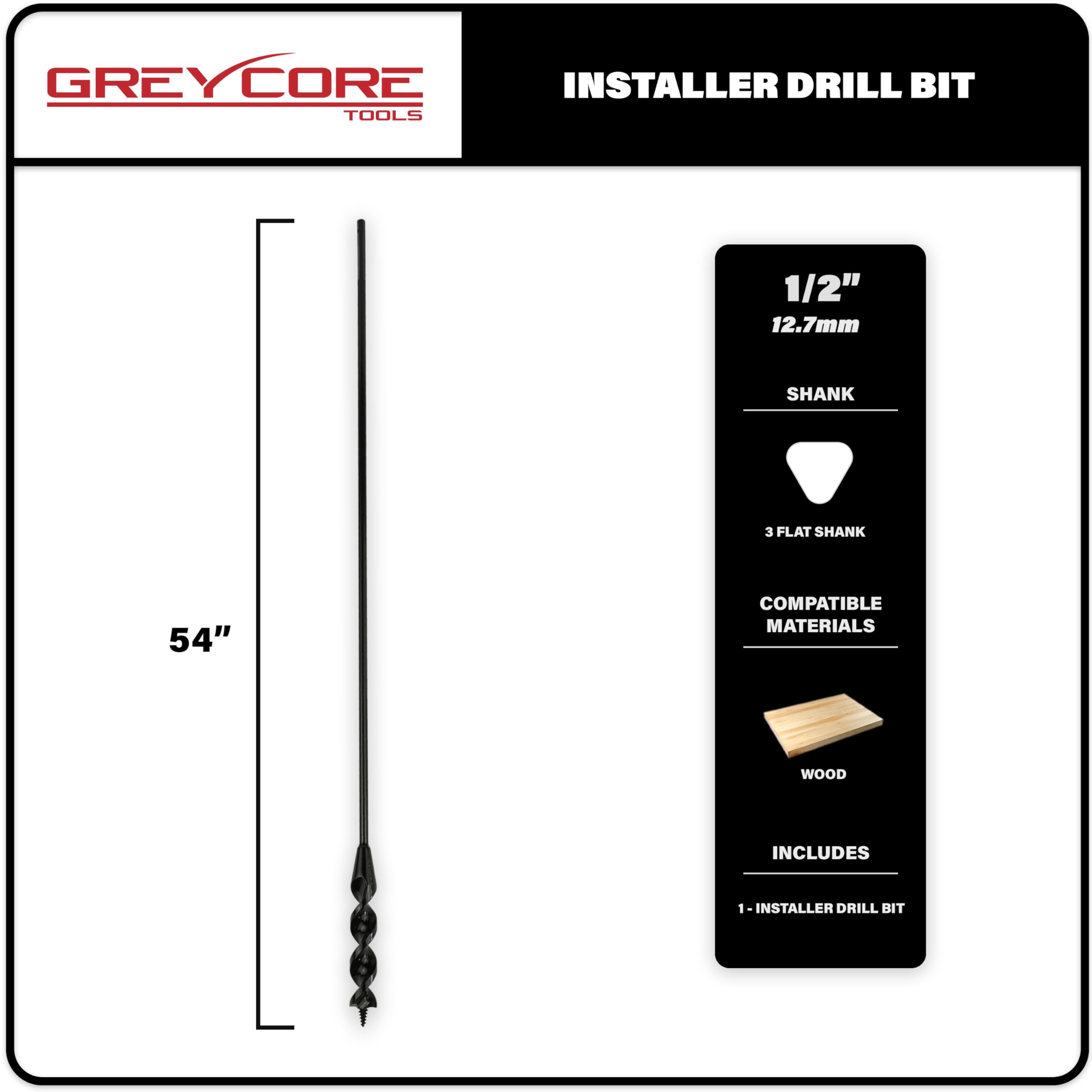 Greycore Tools 1/2 Inch x 54 Inch Flexible Drill Bit for Wire Pulling and Fishing, Auger Head Installer Drill Bit, Fish Bit for Pulling Wires in Walls (1/2" x 54" Installer)