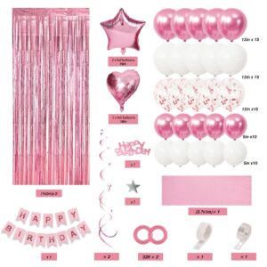 RUBFAC Pink Birthday Decorations for Women and Girls, Happy Birthday Banner, Pink Fringe Curtain, Pink Confetti Balloons, Heart Shape Foil Balloons for Women Girls Birthday Princess Party