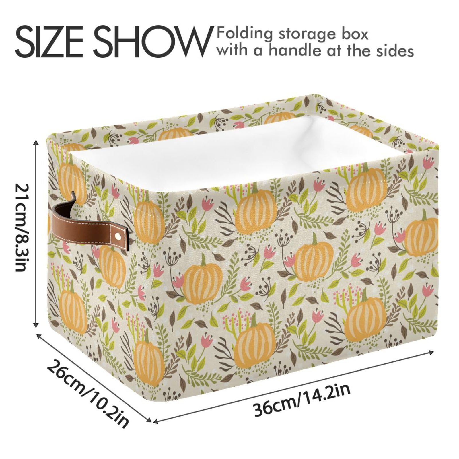 Large Storage Basket Floral Pumpkin Halloween Autumn Foldable Storage Box Organizer Bins with Handles for Bedroom Home Office