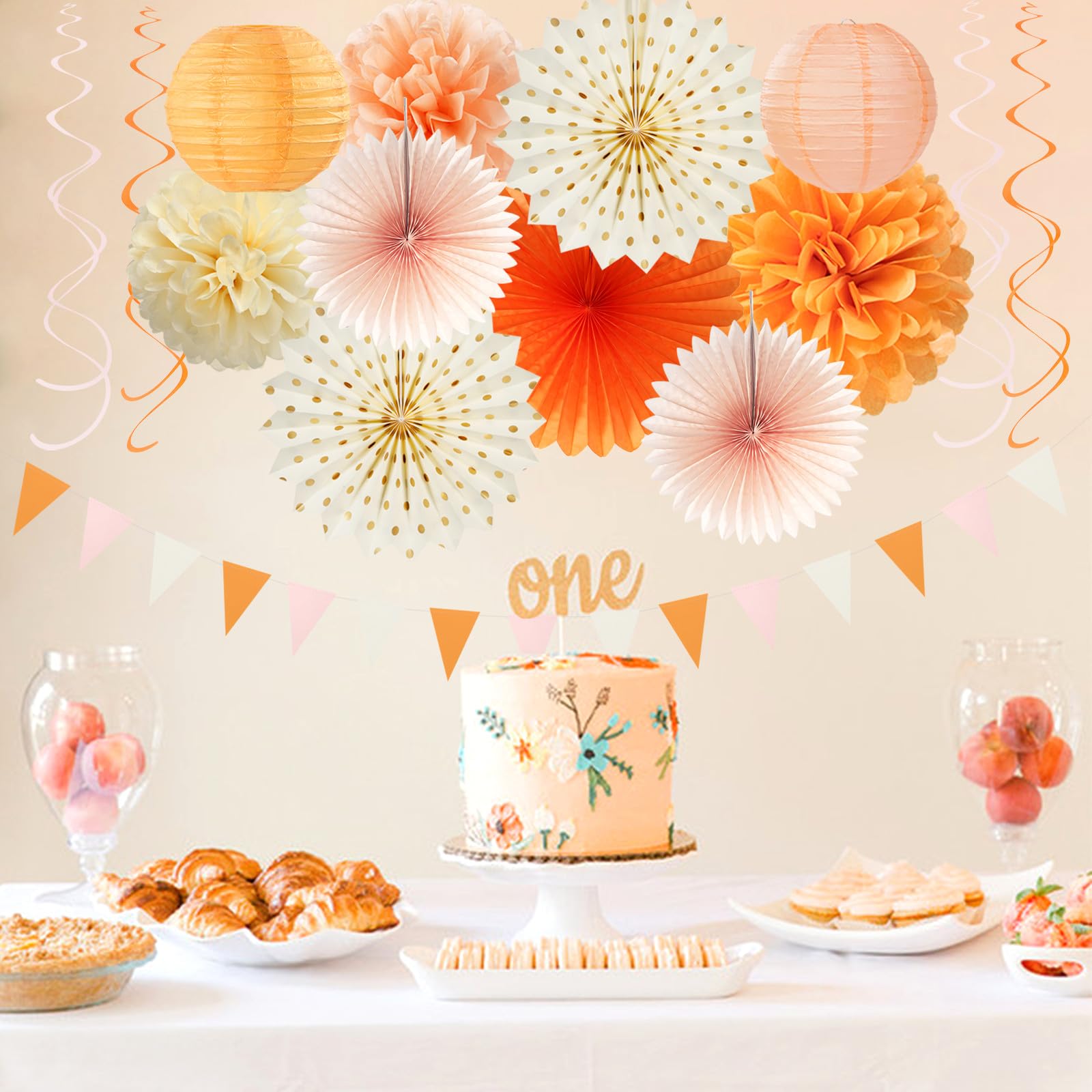 Orange-Beige Peach Fall-Boho Thanksgiving Party-Decorations - 31pcs Autumn Friendsgiving Banner,Streamers Tassel Garland,Birthday Tissue Pom Poms, Paper Lantern Fans,Bridal Shower Hanging Decor Hugtmr