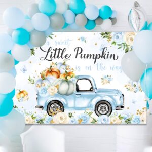 Little Pumpkin Baby Shower Decoration Backdrop for Boy A Sweet Little Pumpkin is On The Way Fall Blue Floral Truck Photography Background It's a Boy Party Decor Banner 5x3ft