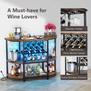 Zarler Bar Table Cabinet with Power Outlet, LED Home Mini Bar Cabinet for Liquor, Metal Wine Bar Stand with 4-Tier Storage, Easy to Assemble, Brown