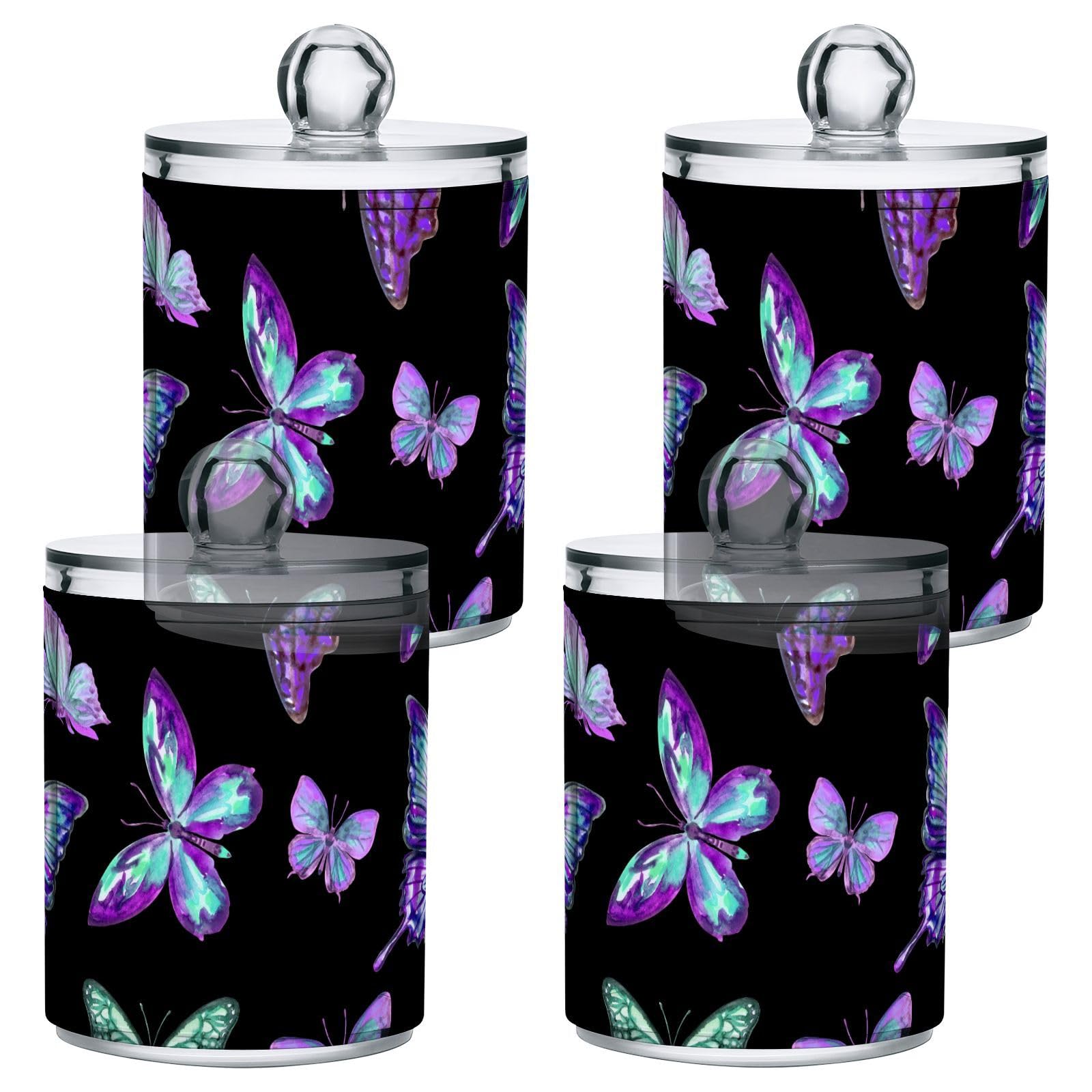 2 Pack Qtip Holder Dispenser for Cotton Ball Purple Butterfly Animal Cotton Swab Cotton Round Pads Clear Plastic Acrylic Jar Set Bathroom Canister