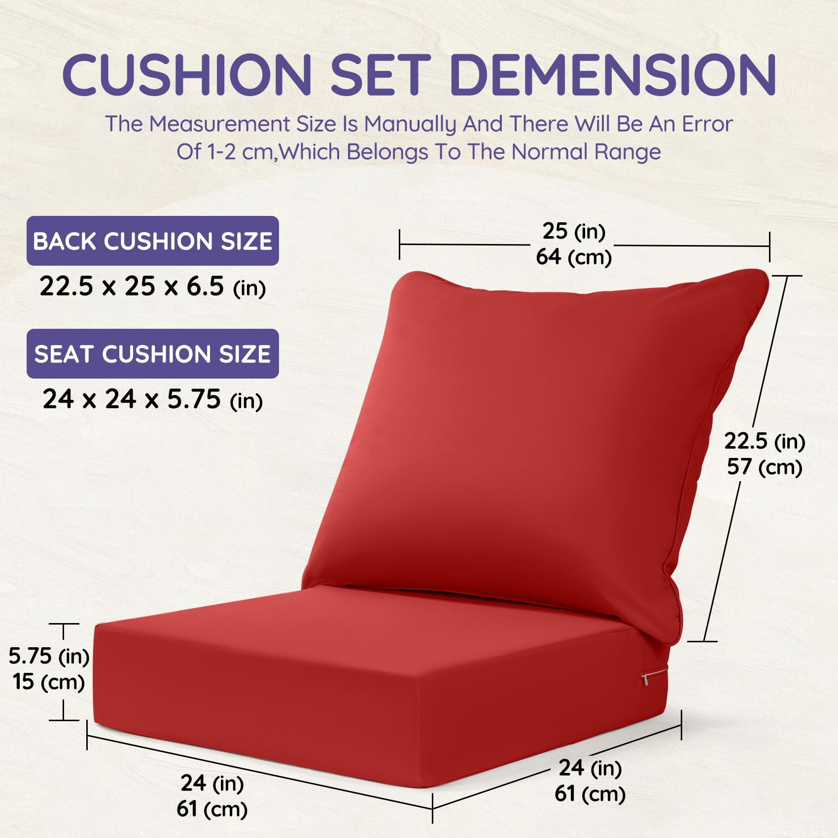 Sutteles Deep Seat Patio Cushions, Outdoor Chair Cushion Set, Patio Furniture Cushion with Removable Cover, Suitable for Patio Outdoor Furniture 24 x24 in (Red)