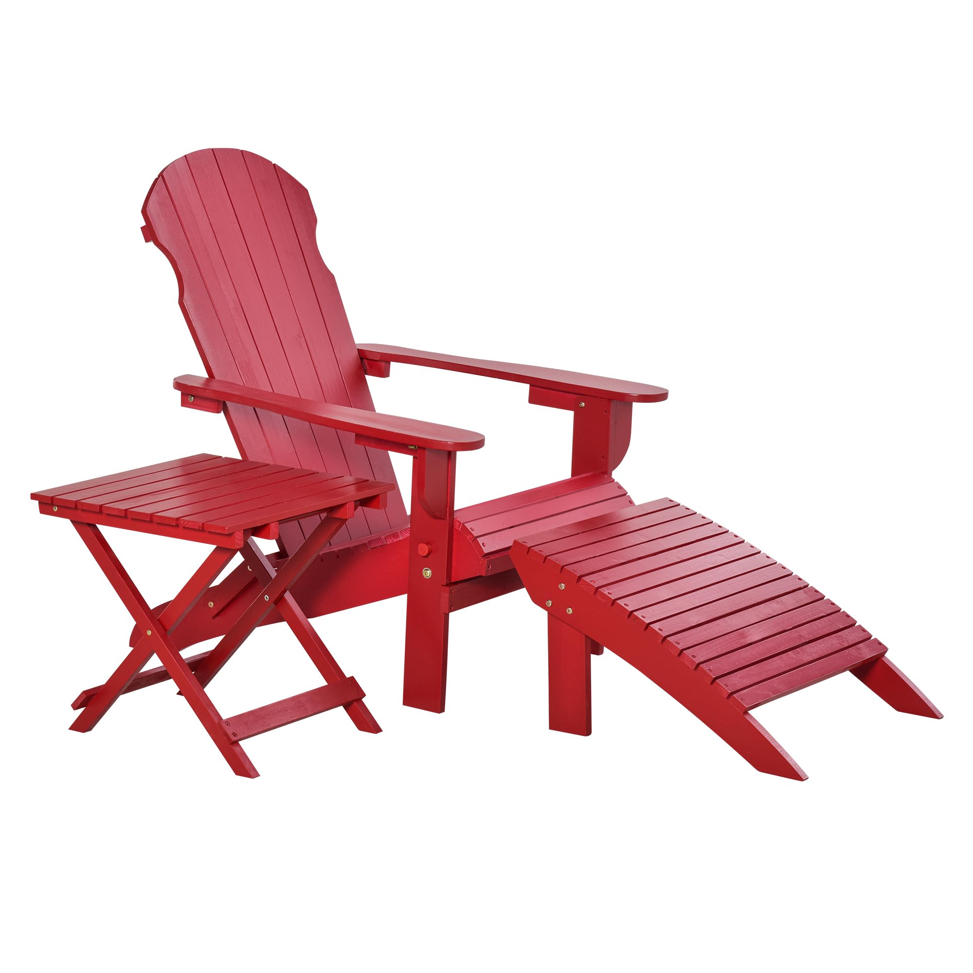 Outsunny 3-Piece Folding Adirondack Chair with Ottoman and Side Table, Outdoor Wooden Fire Pit Chairs w/High-Back, Wide Armrests for Patio, Backyard, Garden, Lawn Furniture, Red