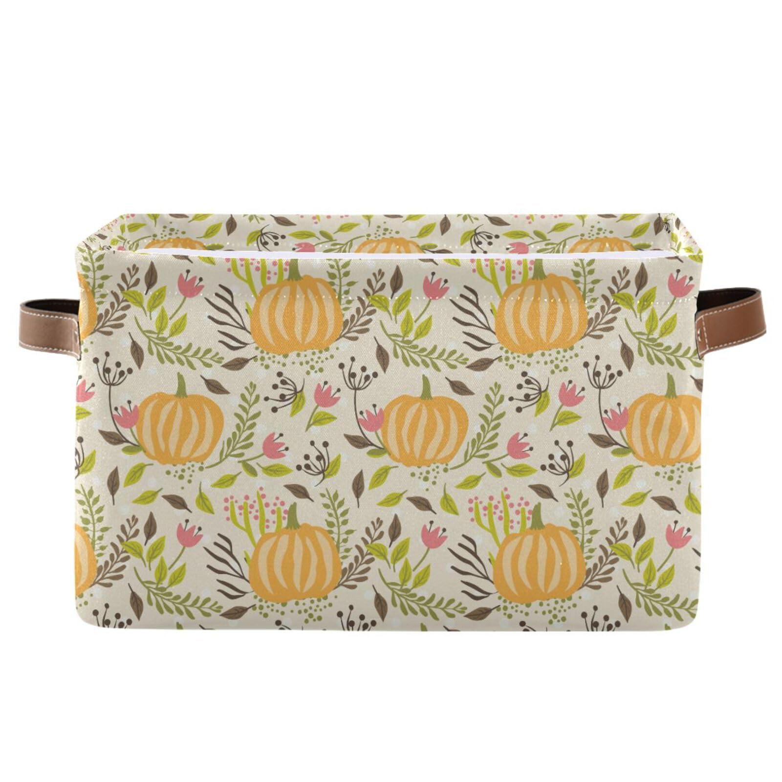 Large Storage Basket Floral Pumpkin Halloween Autumn Foldable Storage Box Organizer Bins with Handles for Bedroom Home Office