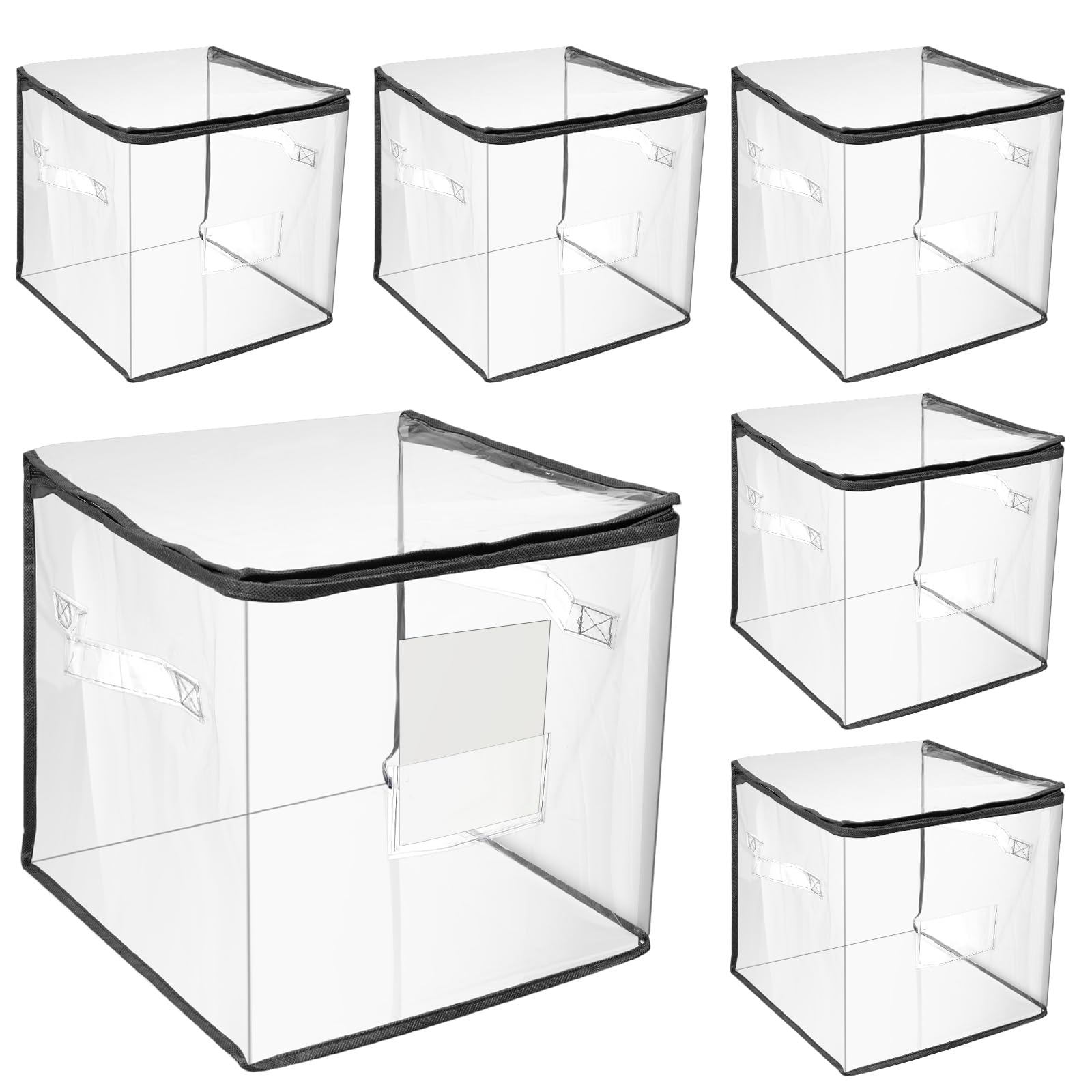 Abbylike 6 Pcs 12'' Zippered Clear Plastic Storage Bags with Label Pocket and Handles Plastic Storage Bins Clear Moving Bags Waterproof Organizers Tote Bags for Closet Sheet Clothes Packing(Gray)