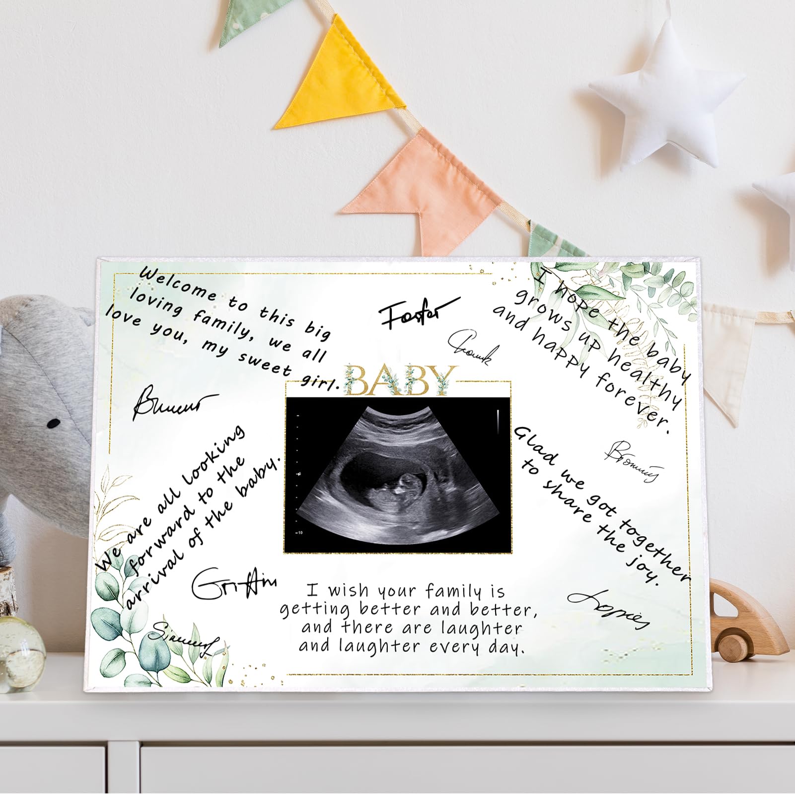 Vlipoeasn Baby Shower Guest Book Alternative, DIY Cute Baby Shower Signature Board with Stand, Baby Shower Party Decorations, Green and White Baby Shower Party Sign in Book