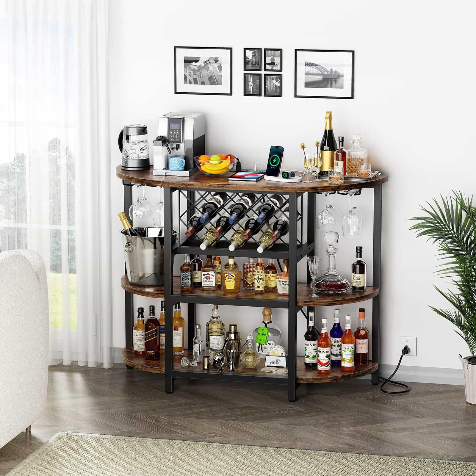 Zarler Bar Table Cabinet with Power Outlet, LED Home Mini Bar Cabinet for Liquor, Metal Wine Bar Stand with 4-Tier Storage, Easy to Assemble, Brown