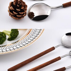 Ouliget Retro Wooden Handle Spoon,Stainless Steel Serving Tablespoons,Wooden DinnerSpoon,Silver Silverware With Brown Handle,4 Pcs.