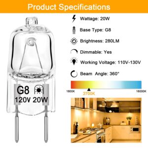 G8 Halogen Bulb 20W 120V T4 JCD Type G8 Base Bi-Pin Xenon Light Bulbs, Dimmable with Long Lasting Lifespan, G8 Halogen Light Bulbs for Under Cabinet Puck Lighting Replacements, Warm White, 6 Packs