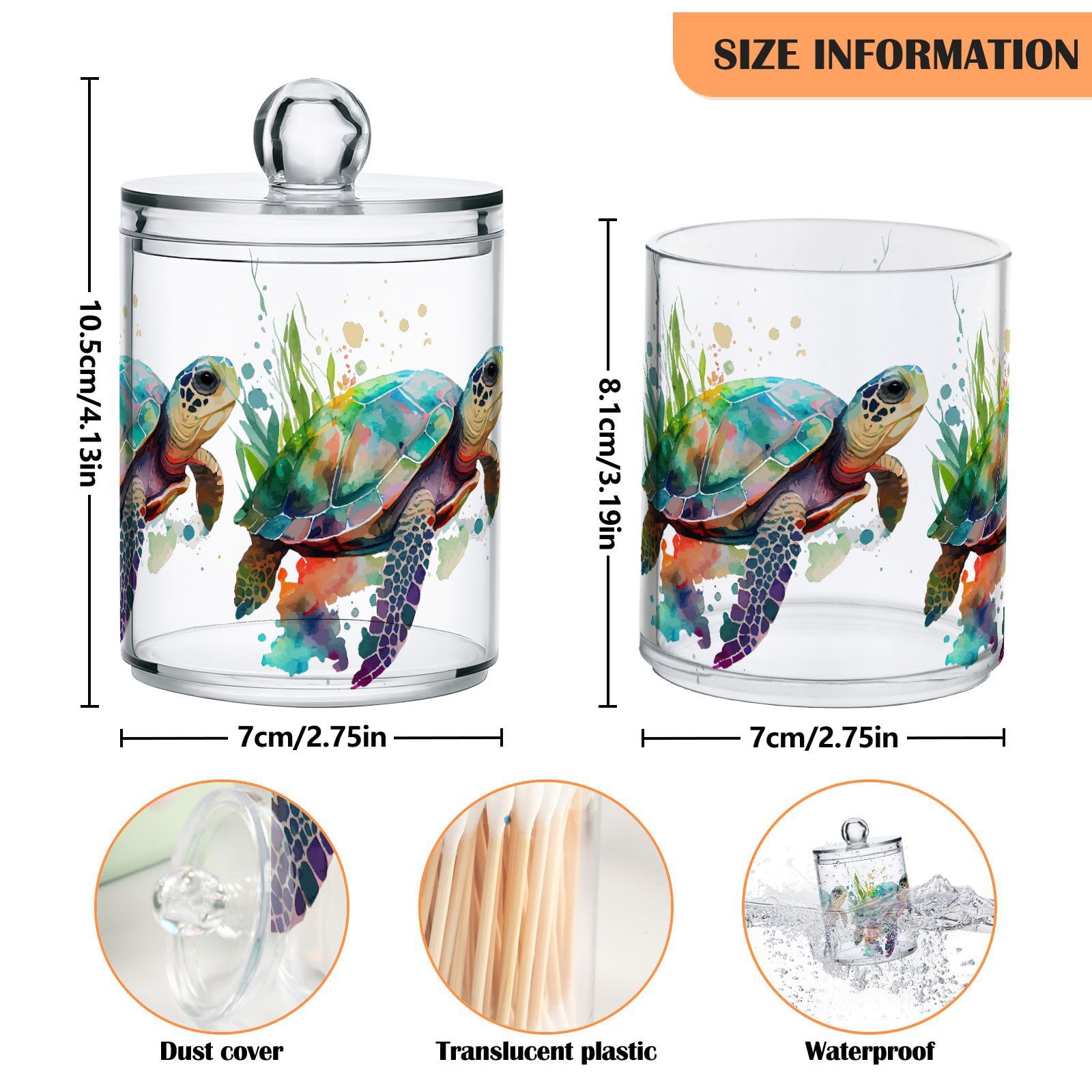 ALAZA 4 Pack Qtip Holder Dispenser Turtle Watercolor Cotton Ball Cotton Swab Cotton Round Pads Floss Clear Bathroom Storage Containers Plastic Apothecary Jars with Lids