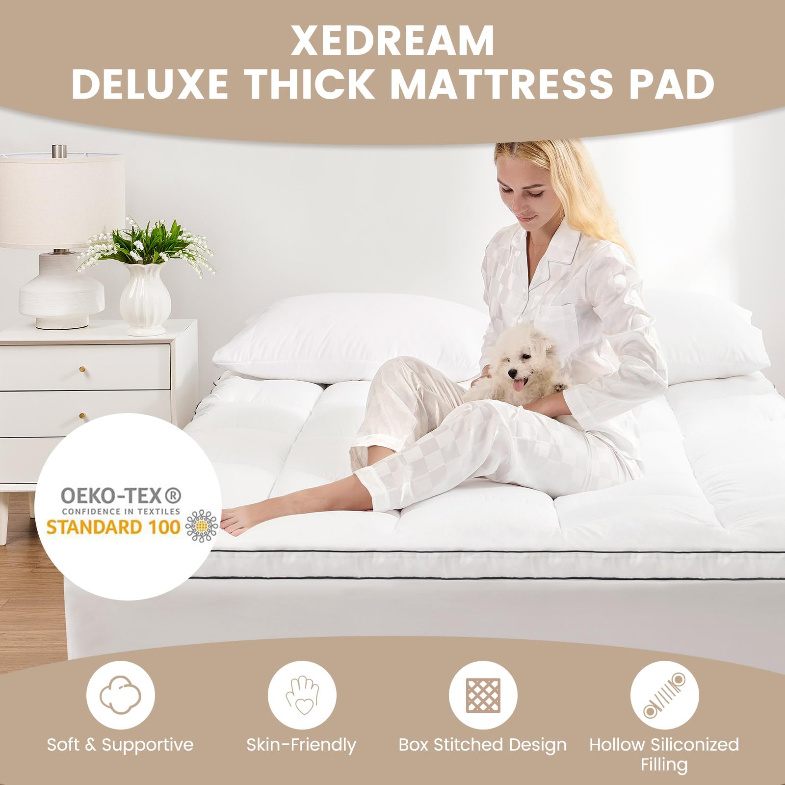 XEDREAM Extra Thick Mattress Pad Full, Pillow Top Mattress Topper Full, Grid Embossing Mattress Cover Full with Deep Pocket Stretches up to 21", 54"x 75"