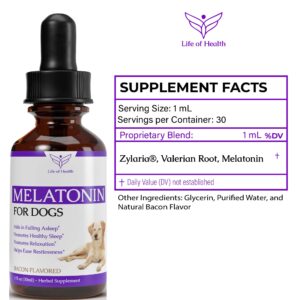 Dog Melatonin | Melatonin for Dogs | Melatonin for Dogs Sleep | Sleep Aid for Dogs | Dog Sleep Aid | Dog Calming | Calming for Dogs | Dog Calming Treats | Dog Anxiety Relief | 1 fl oz Bacon Flavor