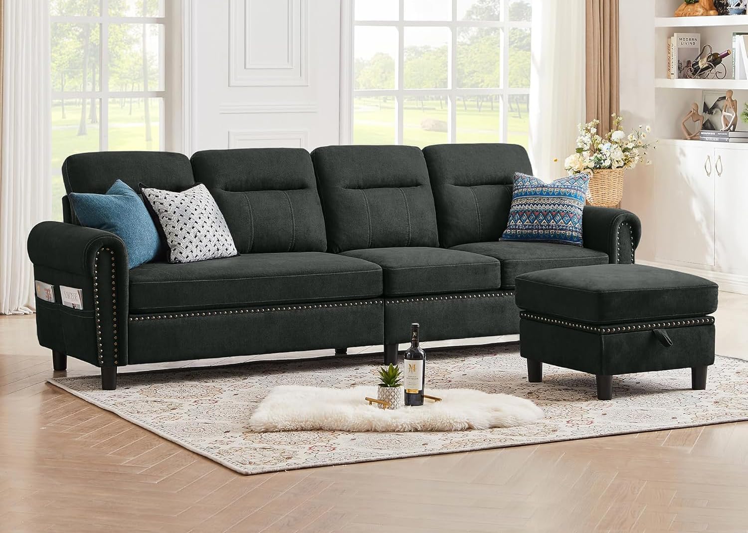 Tornama Convertible Sectional Sofa L Shaped Couch Reversible Sectional for Living Room Apartment, 4 Seater Sectional Couch with Storage Ottoman, Black