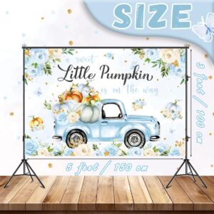 Little Pumpkin Baby Shower Decoration Backdrop for Boy A Sweet Little Pumpkin is On The Way Fall Blue Floral Truck Photography Background It's a Boy Party Decor Banner 5x3ft