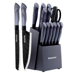 amonior knife set, kitchen knife set 16 pieces knives set for kitchen with block and built-in knife sharpener dishwasher safe german stainless steel knife sets for kitchen