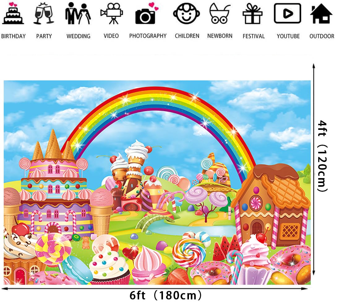 Candyland Theme Party Backdrop Cartoon Rainbow Lollipop Sweet Donut Ice Cream Photography Background for Kid Adult Ice Cream Birthday Party Decoration Banner Baby Shower Photo Props