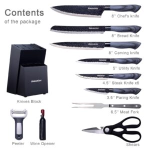 Amonior knife Set, Kitchen Knife Set 16 Pieces Knives Set for Kitchen with Block and Built-in Knife Sharpener Dishwasher Safe German Stainless Steel knife sets for kitchen