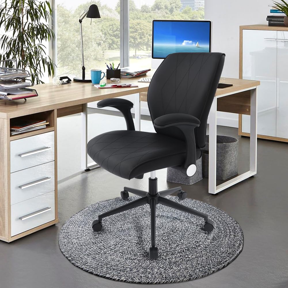 CHAIRMAN Premium Faux Leather Padded Mid-Back Adjustable-Height/Tilt, Swivel Office Computer Desk Chair with Flip-up Arms, Ergo Design for Sedentariness, Black