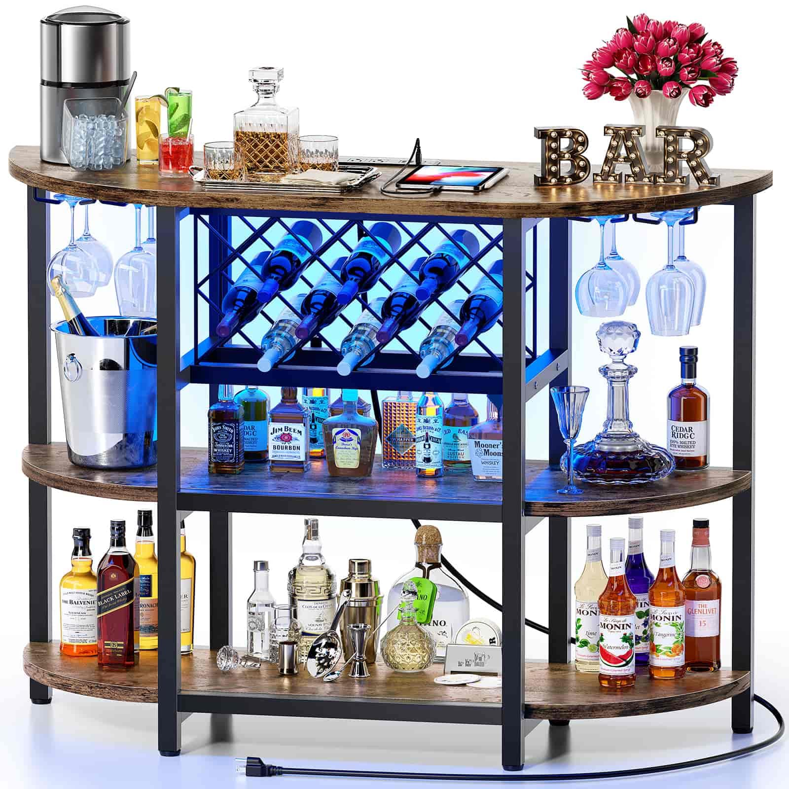 Zarler Bar Table Cabinet with Power Outlet, LED Home Mini Bar Cabinet for Liquor, Metal Wine Bar Stand with 4-Tier Storage, Easy to Assemble, Brown