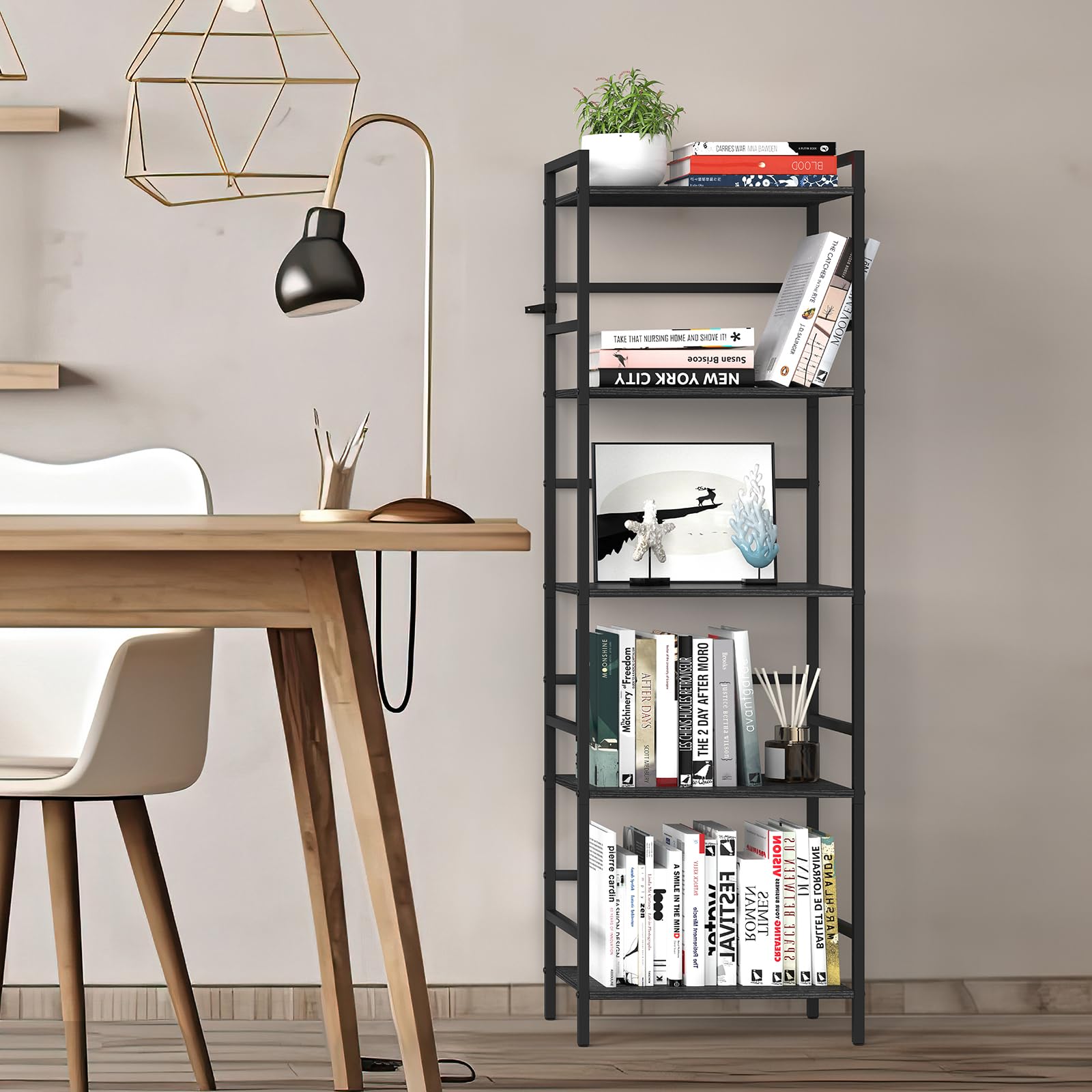 CADUKE Black Tall Bookcase 5 Tier Book Shelf for Bedroom Industrial Bookshelf with Storage Book Shelves for Kids Room Standing Office Bookshelves and Bookcases for Bedroom Living Room